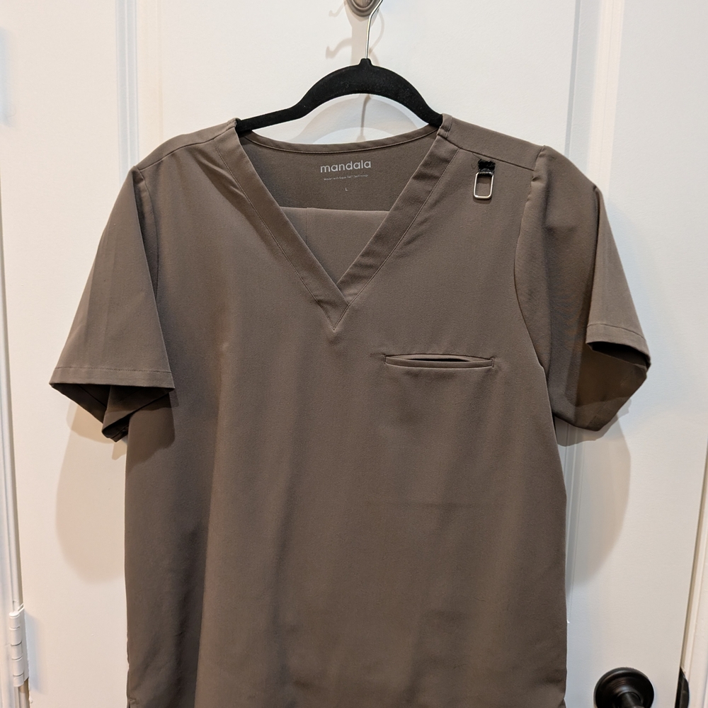 Mandala Mocha Brown One Pocket Scrub Top And 9 Pocket Cargo Drawstring Pant Set